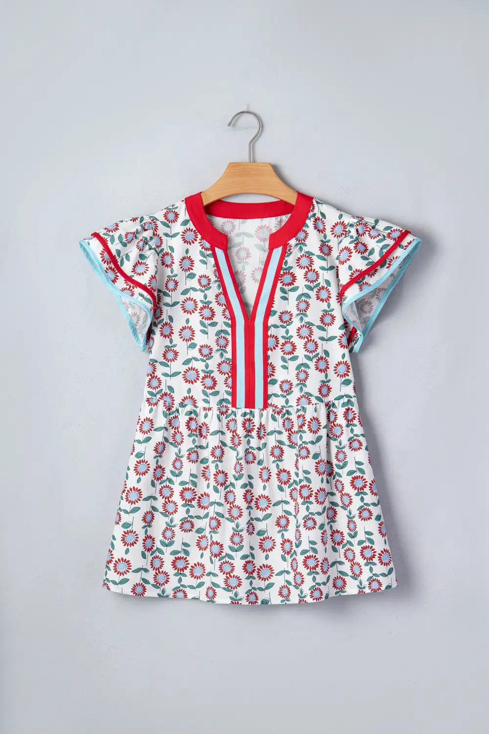 Red Sunflower Printed Contrast Trim V Neck Flutter Sleeve Blouse