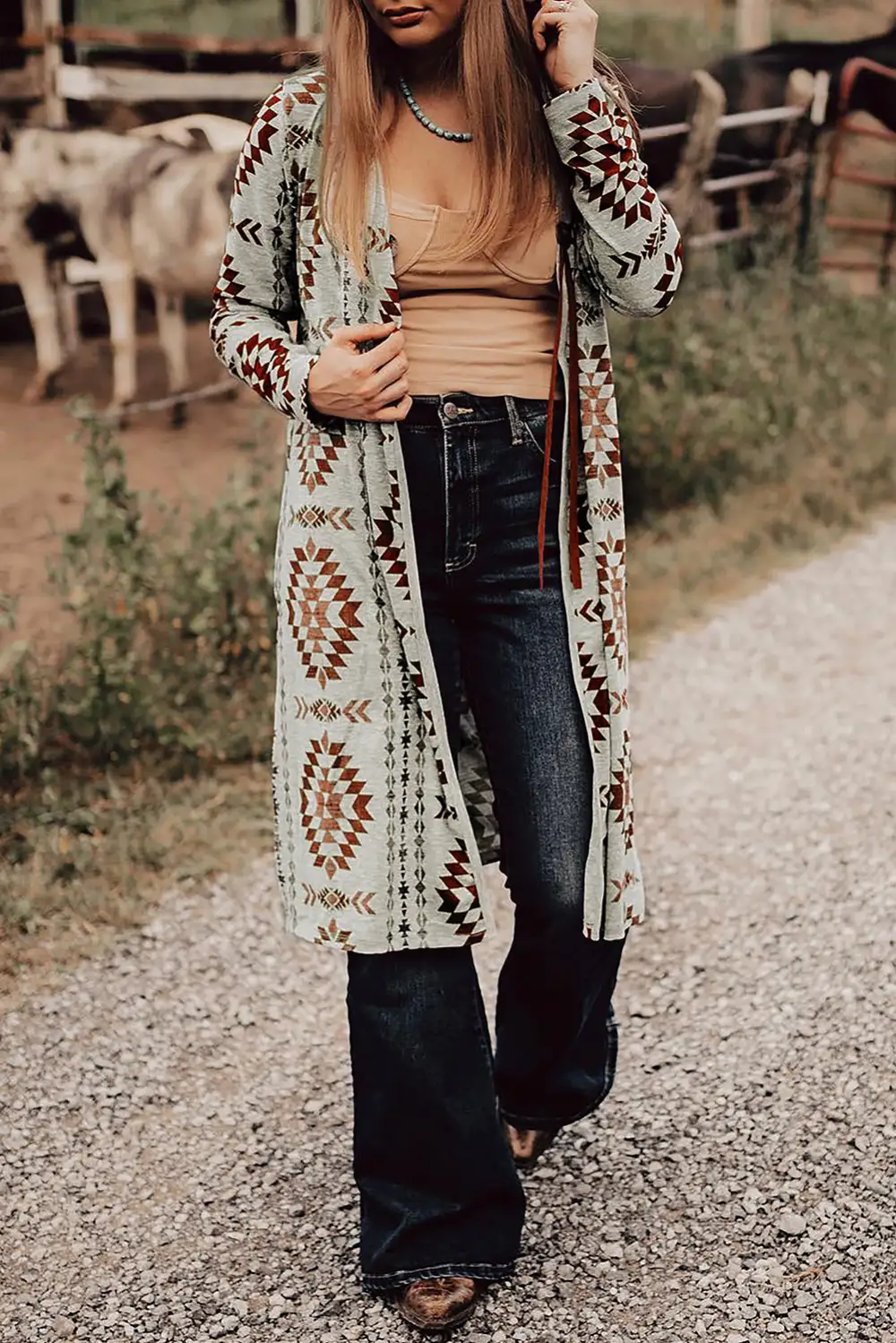 Western Aztec Printed Open Front Long Everyday Layer Cardigan
