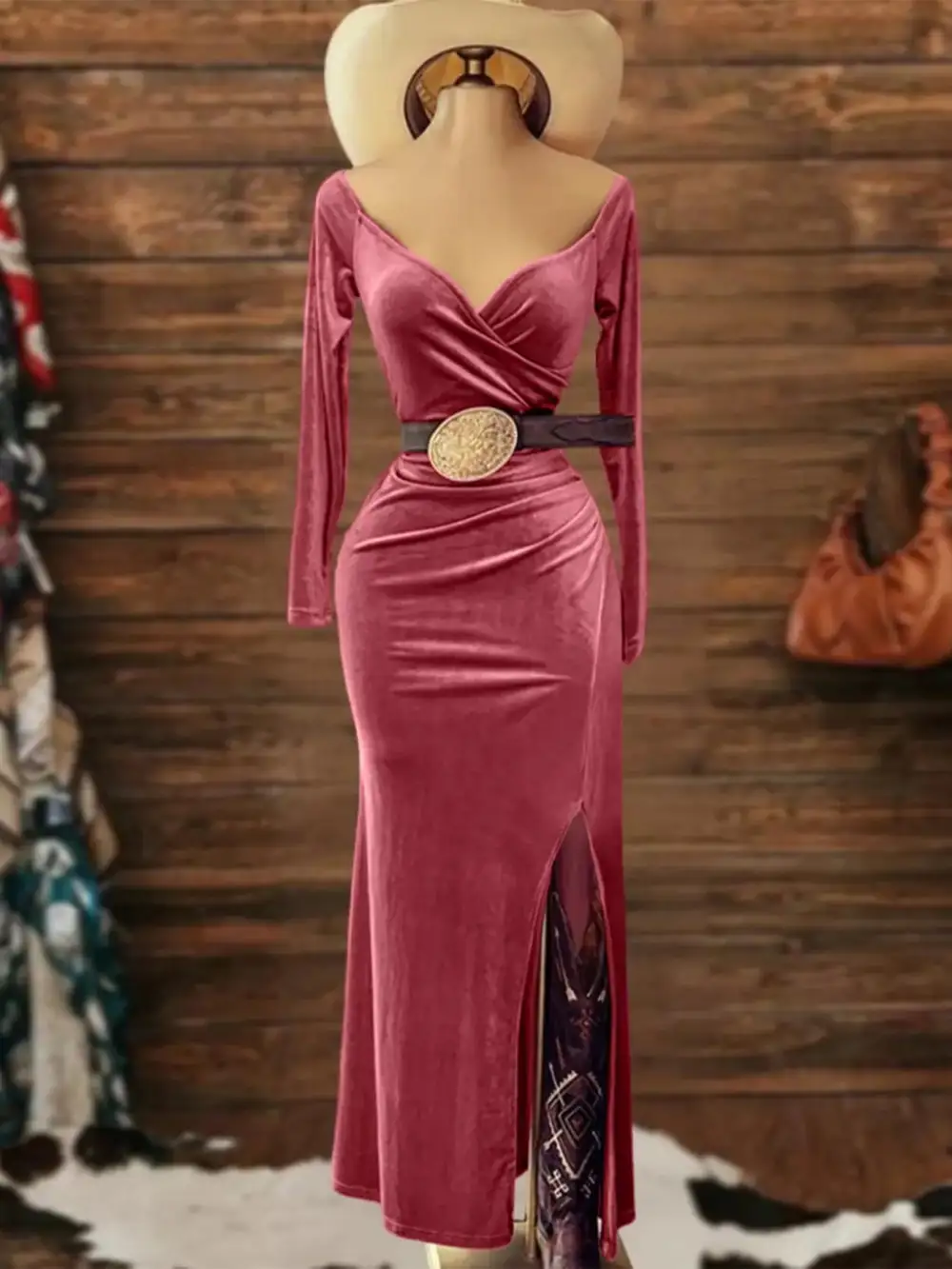 Balanced Detail Wrap Slit Long Sleeve Midi Dress