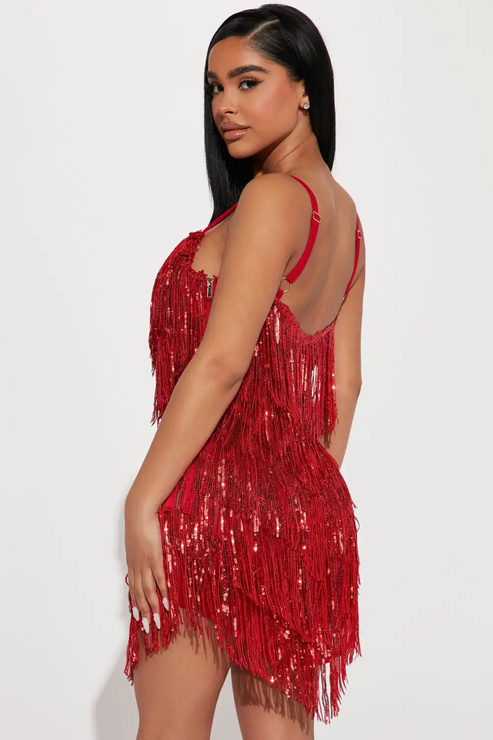 Selena Sequin Fringe Mini Dress - Red