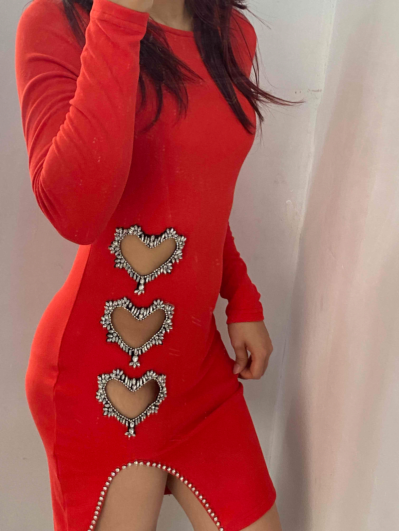 Hollow Heart Rhinestone Slit Bodycon Dress