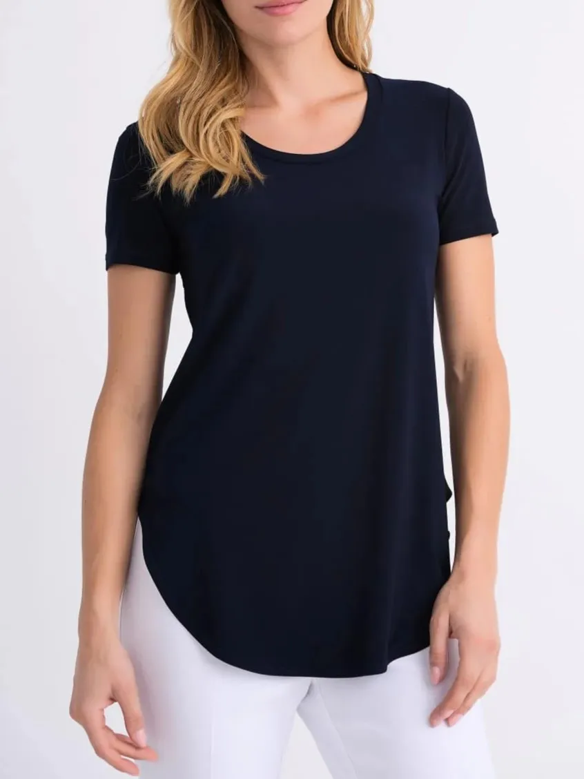 Navy Blue Curved - Hem Short - Sleeve Top