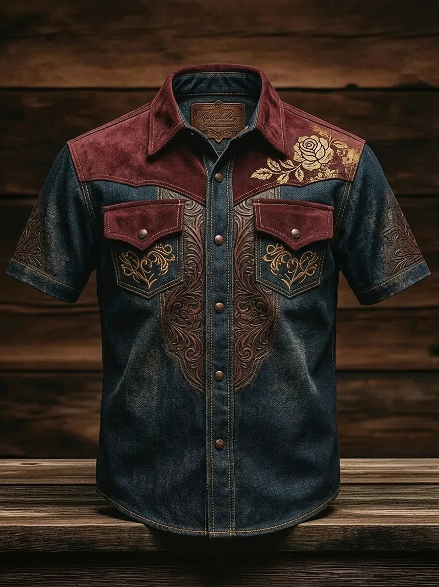 Men's Western Style Rose Floral Embossed Printed Shirt