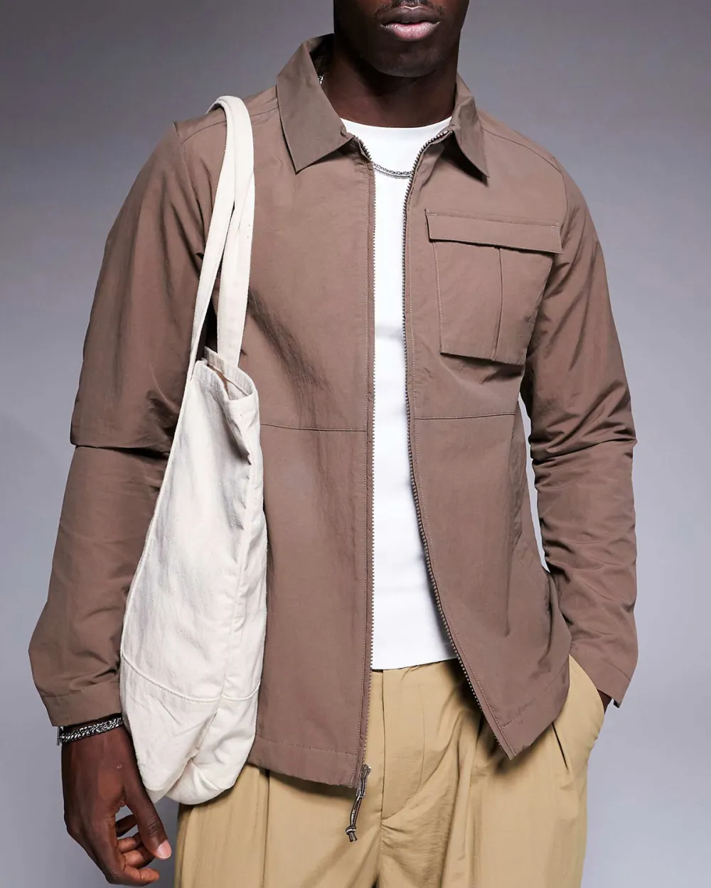 Pocket Zip Overshirt In Brown