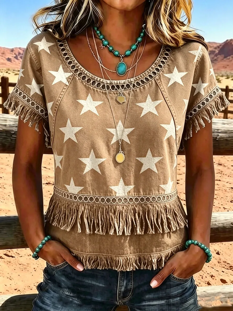 Women'S 250Th Anniversary American Vintage Western-Style Casual Shirt With Fringe Splicing