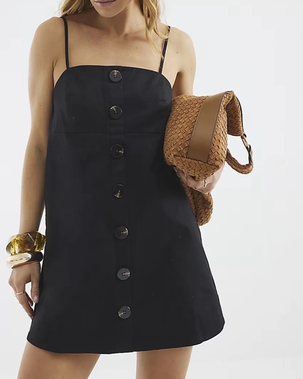 Square Neck Buttoned Simple Short Dresses