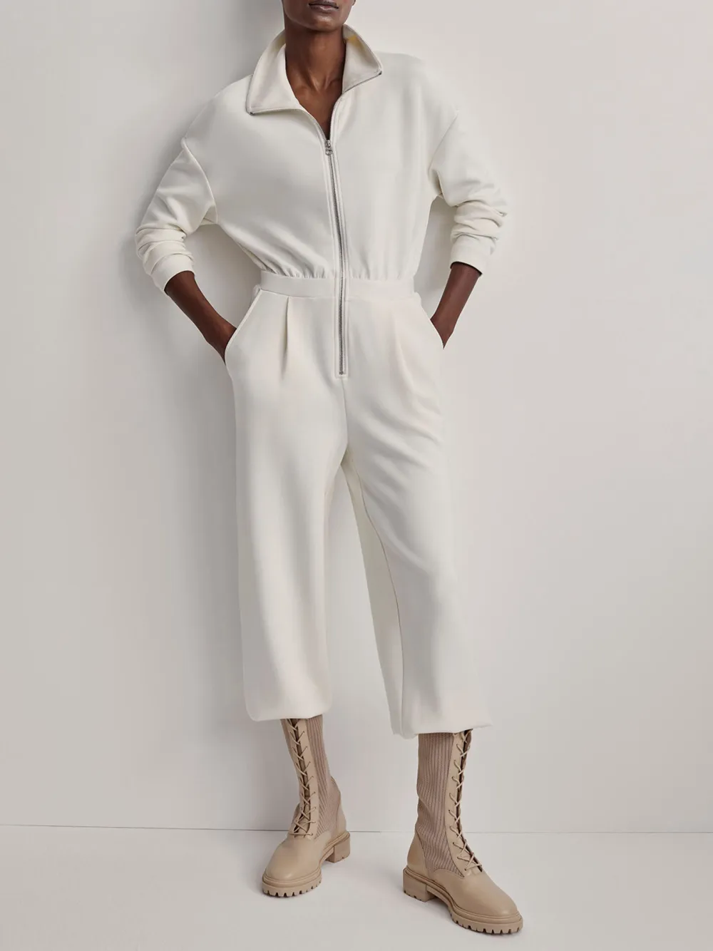 Casual Zip-Front Long-Sleeve Jumpsuit