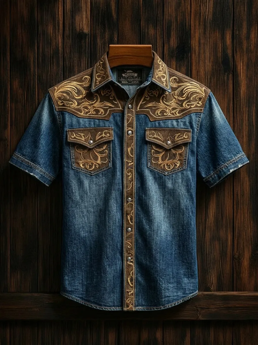 Men's Western Cowboy Floral Embroidery Printed Denim Shirt-2