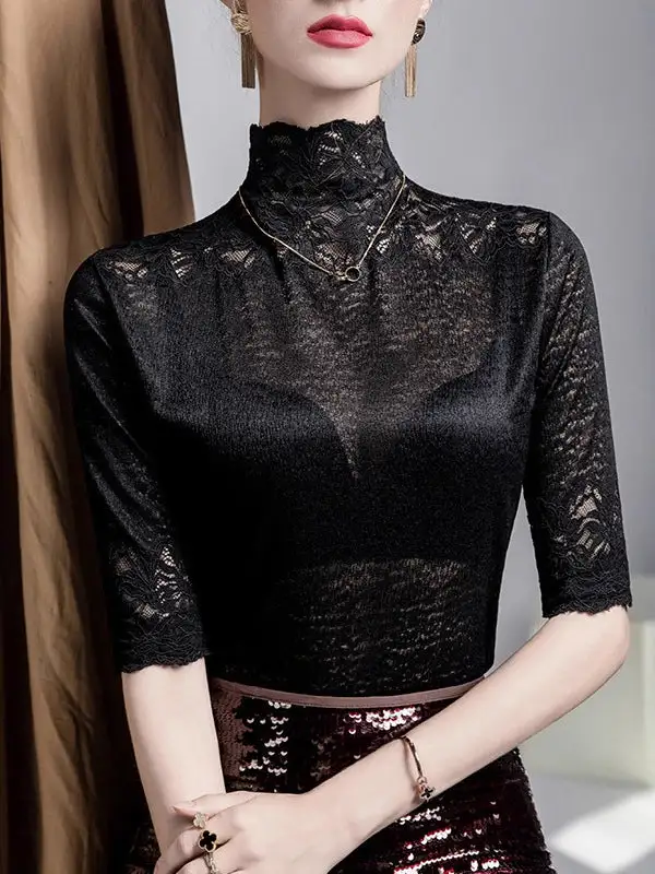 Layered Look Half Sleeve Slightly Sheer Panel Detail Textured High Neck T-Shirt