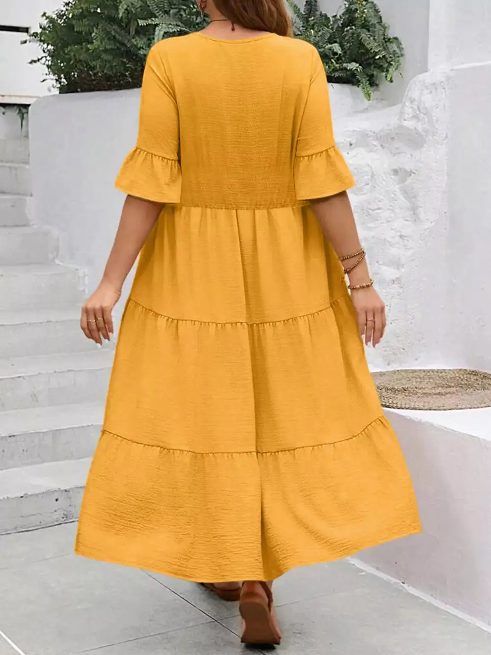 Plus Size Ruffle Sleeves Tiered Midi Dress