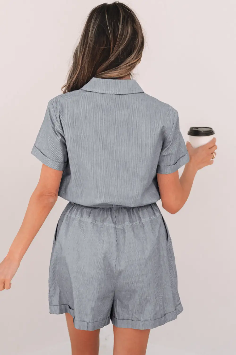 Chest Pockets Buttoned Belted High Waist Romper