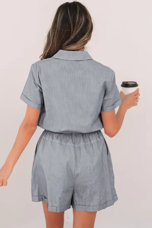 Chest Pockets Buttoned Belted High Waist Romper