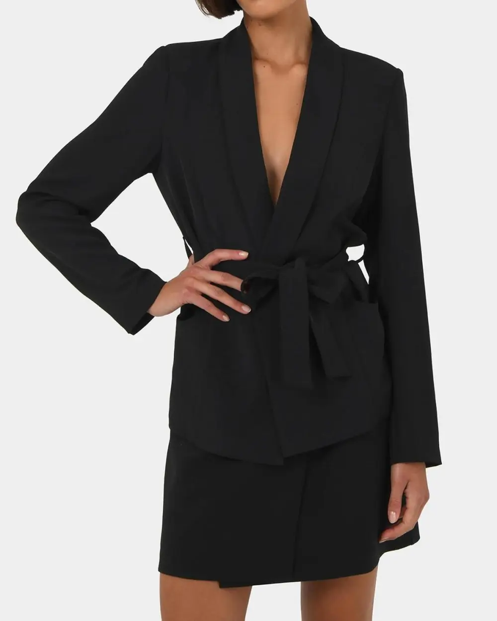 Shawl Lapel Collar Belted Blazer -Black