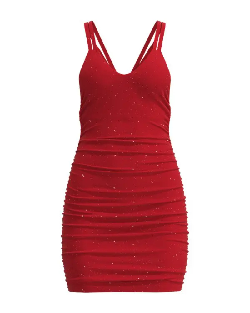 Glitter O-Ring Backless Ruched Bodycon Dress