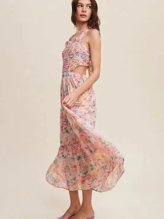 Romance is in the Air Textured Pink Floral Cutout Midi Dress