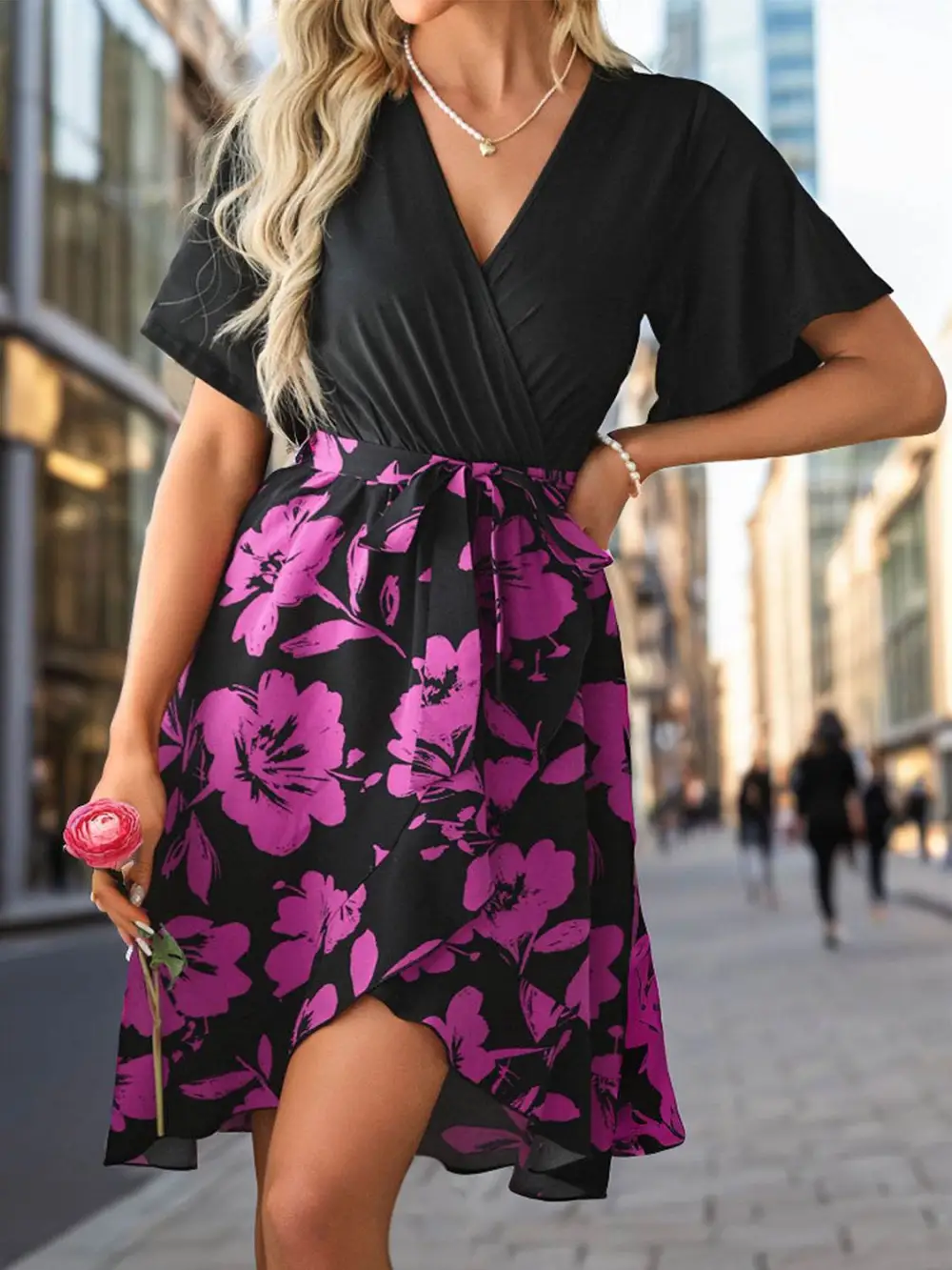 Printed Surplice Short Sleeve Casual Dress