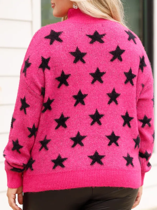 Star Patterned Rose Red Loose Knit Sweater