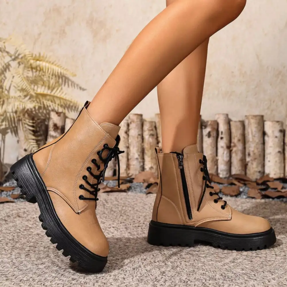 Textured Lace-Up Ankle Combat Boots