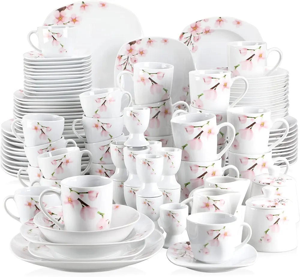 VEWEET, Series Fiona, 100-Piece Plates and Bowls Sets for 12, Including Porcelain Dishes Sets, Bowls, Mugs, Egg Cups, Cup and Saucer Set, Milk Jug and Sugar Pot Set, Microwave and Dishwasher Safe