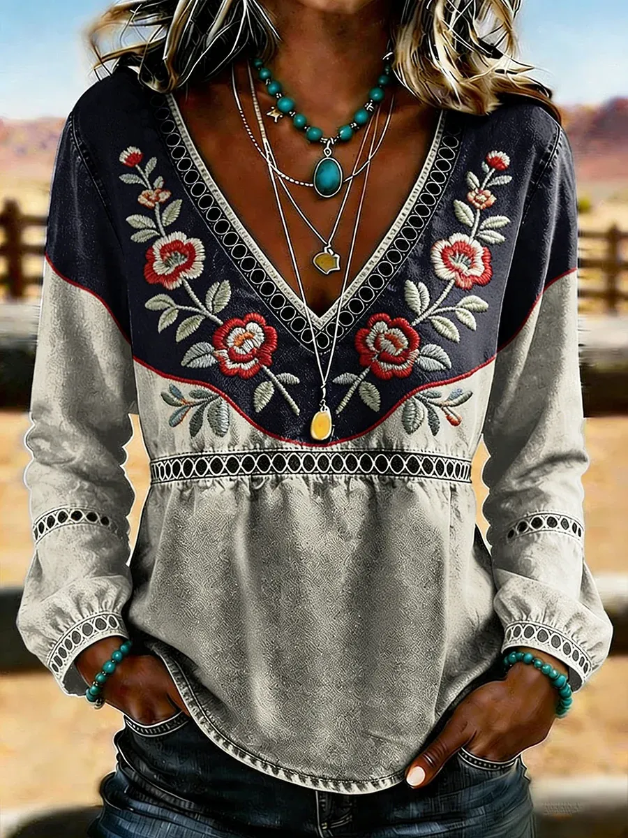 Sale 45% Women's Western Vintage Floral Print Casual V-Neck T-Shirt