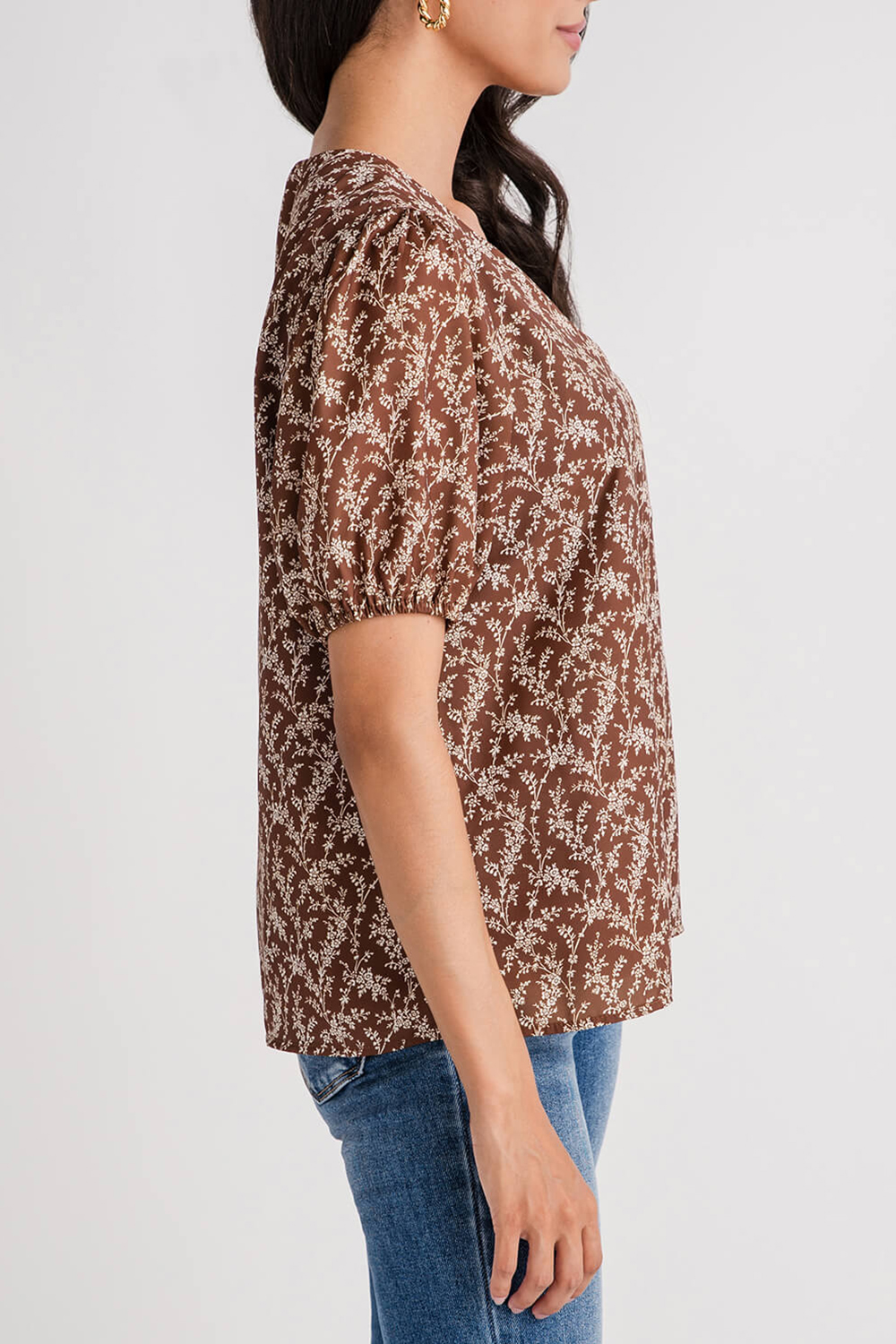 Wishlist Floral Puff Sleeve Blouse - coffee/ivory