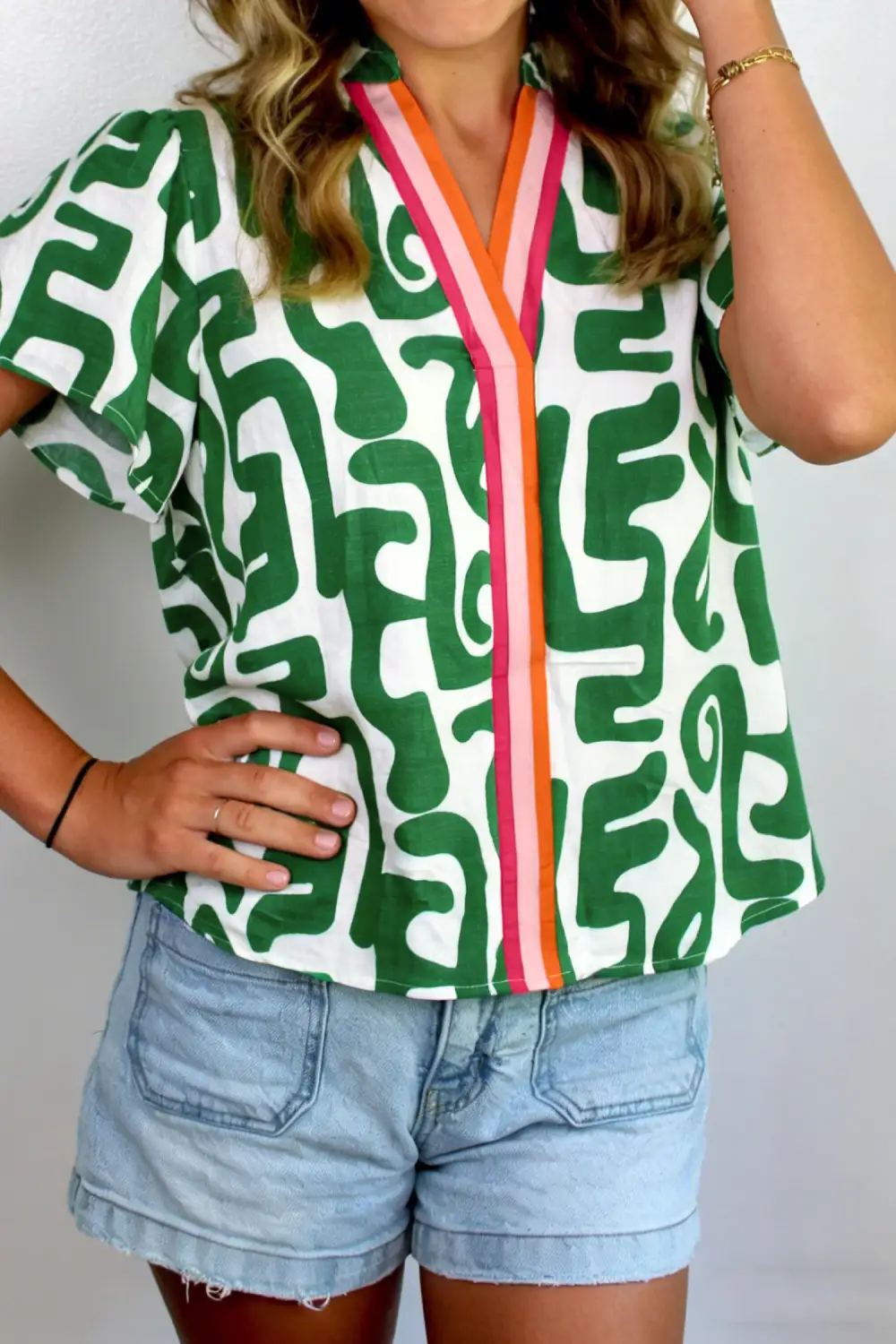 Green Abstract Print Striped Trim V Neck Short Sleeve Blouse