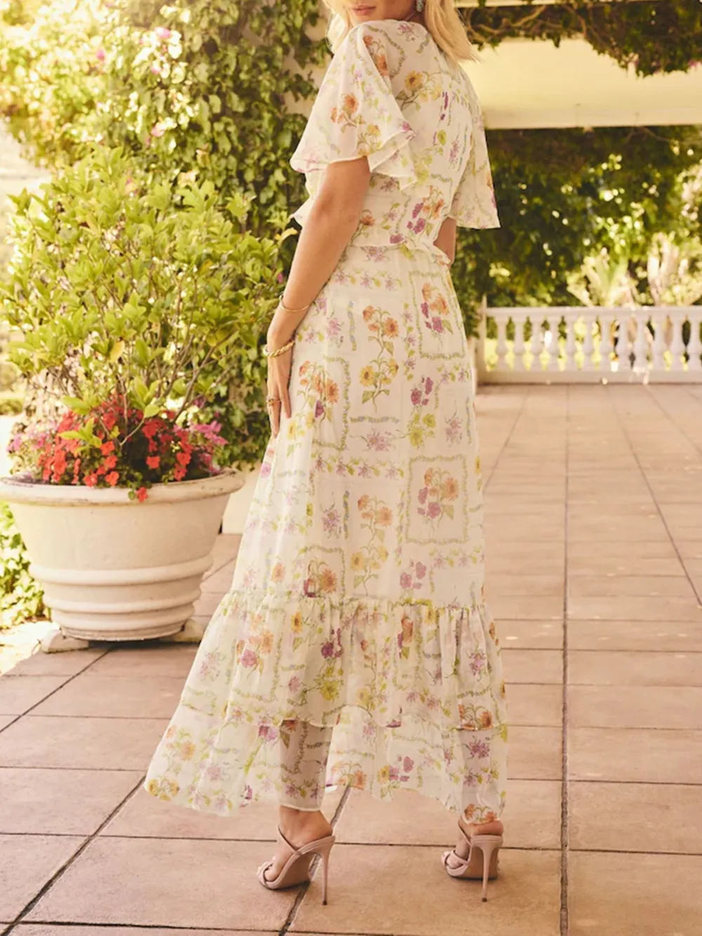 Elegant Chiffon Floral Printed V-Neck Dress