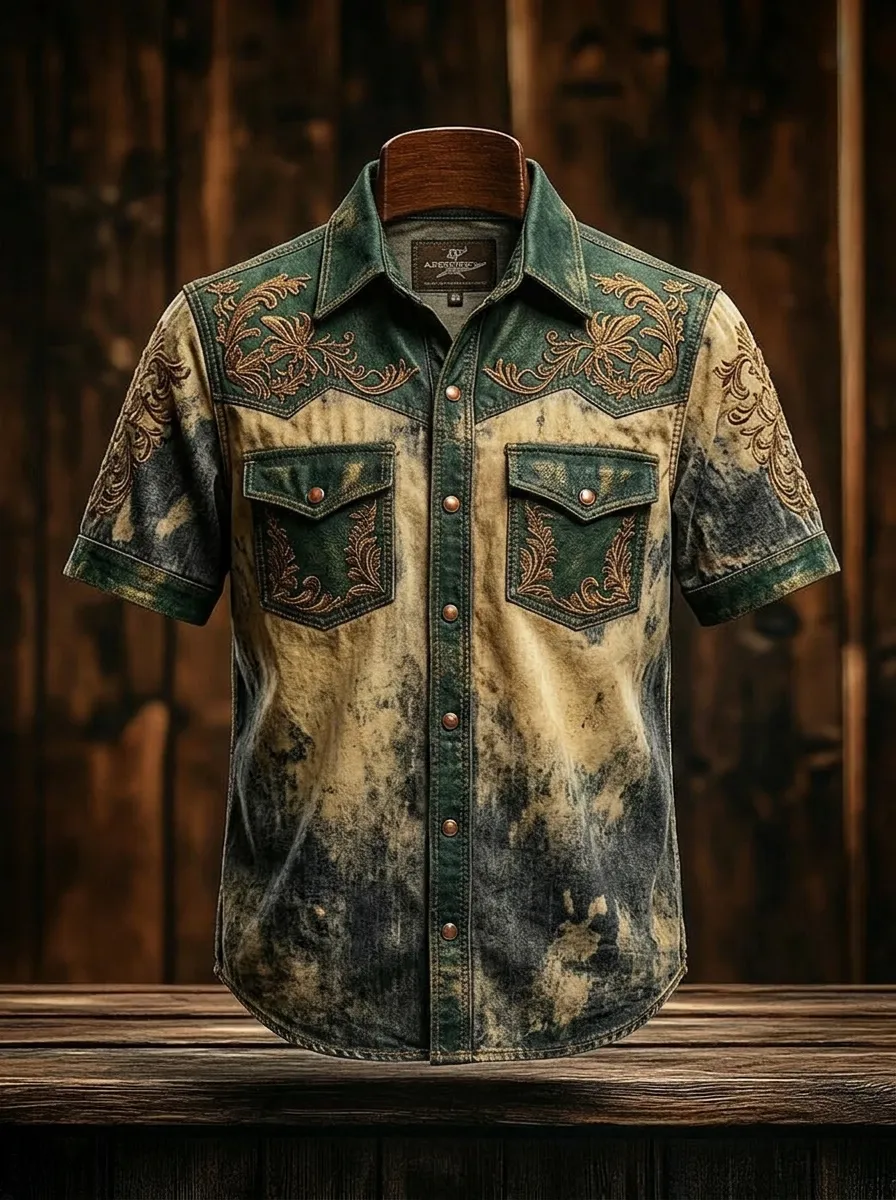Men's Western Style Floral Embroidery Acid Wash Printed Shirt-3