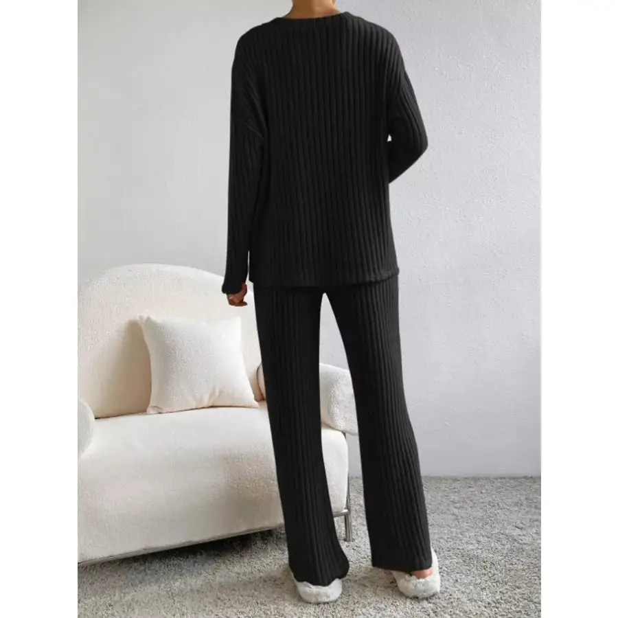 Ribbed Knit Long Sleeve Top and Pants Set