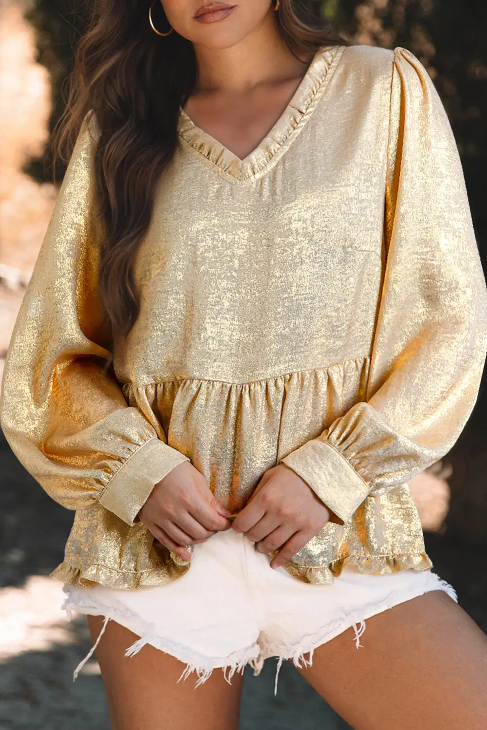 Softly Styled Frilled V-Neck Puff Sleeve Blouse