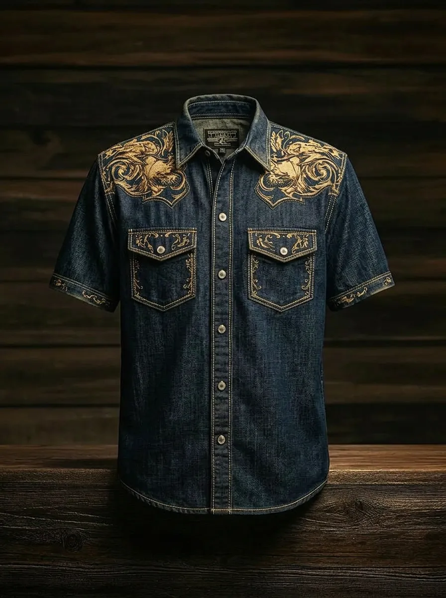 Men's Western Cowboy Gold Filigree Printed Denim Shirt