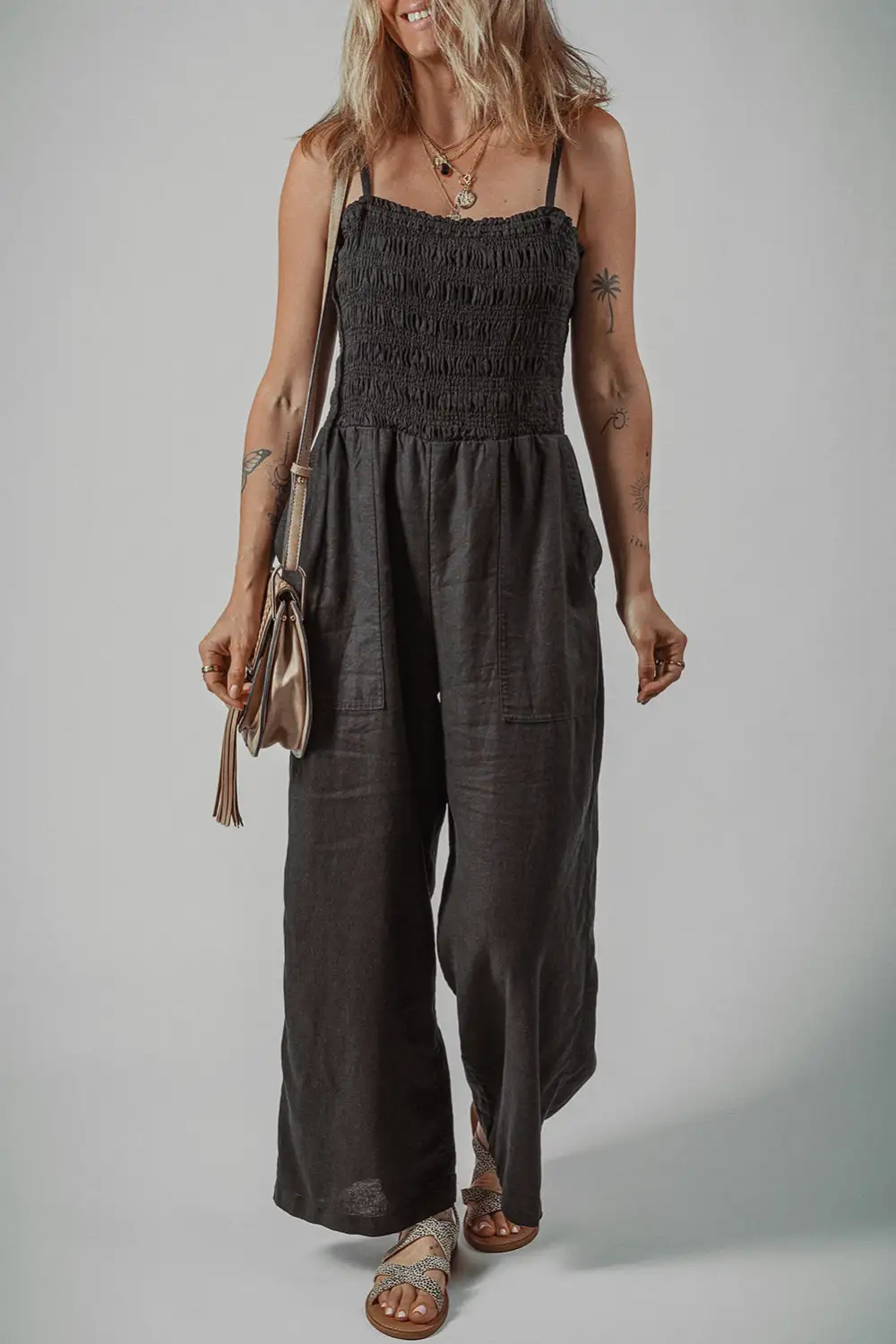 Spaghetti Straps Shirred Bodice Pocketed Wide Leg Jumpsuit