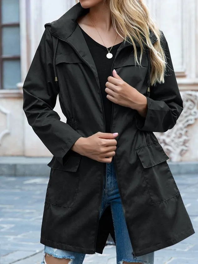 Hoodie Long Sleeve Plain Regular Loose Hooded Trench Coat For Women