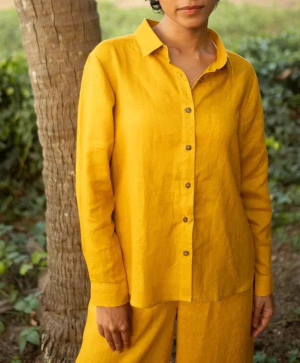 Mustard Linen Matching Set with Button-Up Shirt & Oversized Pants