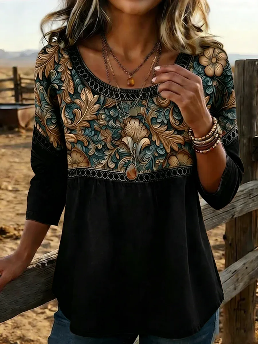 Women's Vintage Western Plants Flowers Print Casual Top