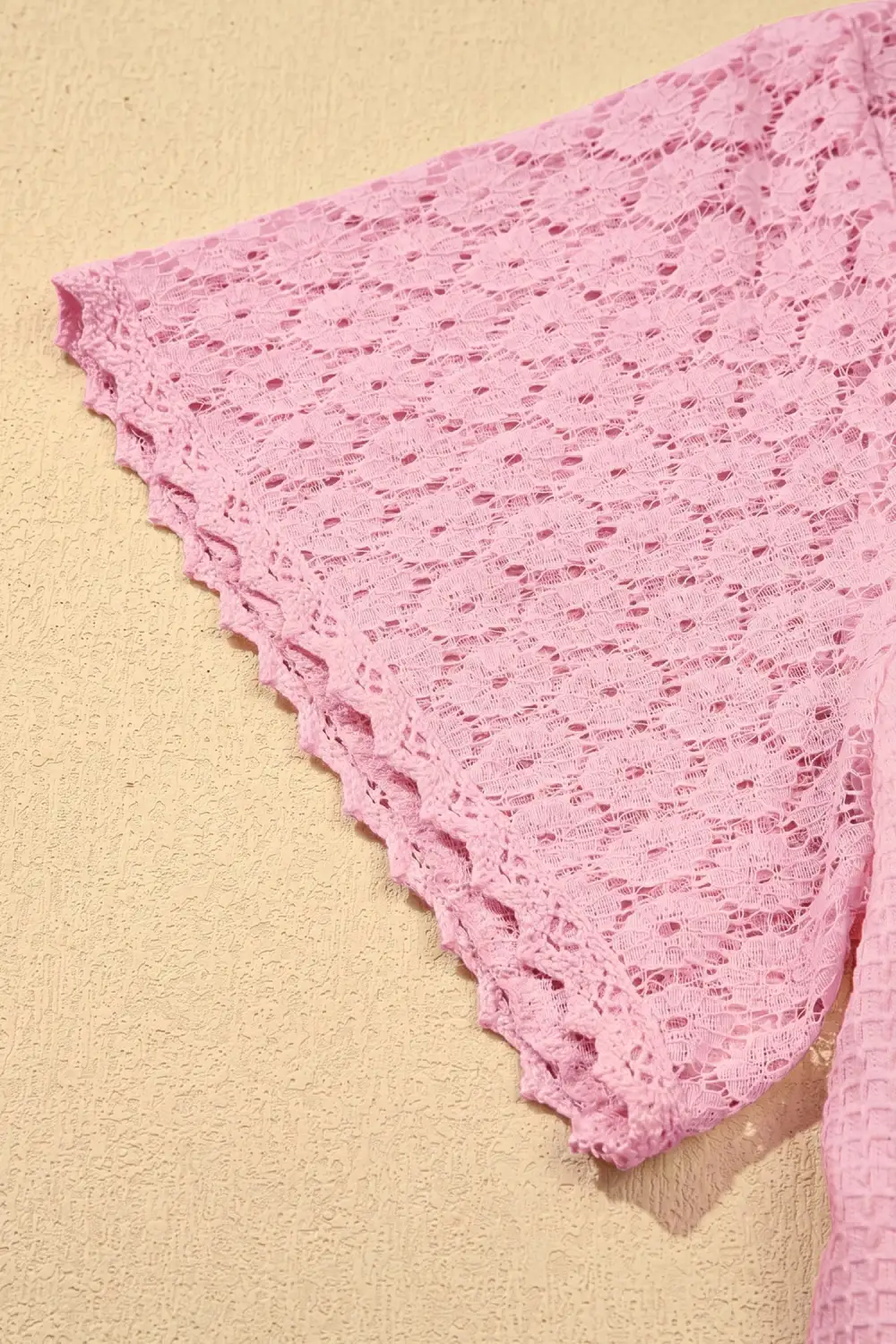 Pink Lace Splicing Button Cutout V Neck Waffle Knit Blouse
