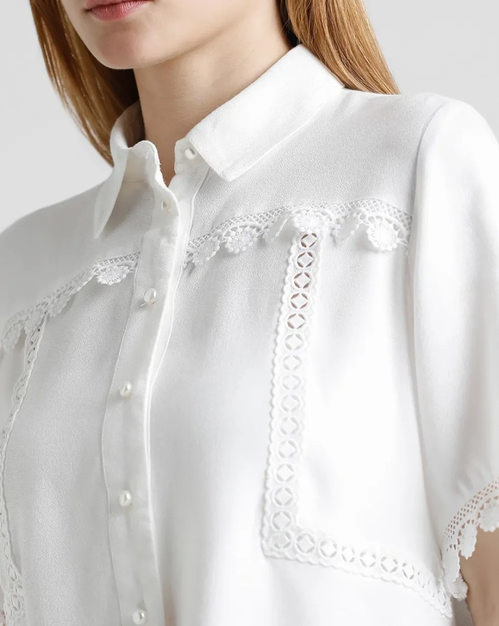 White Floral Print Crochet Detail Blouse