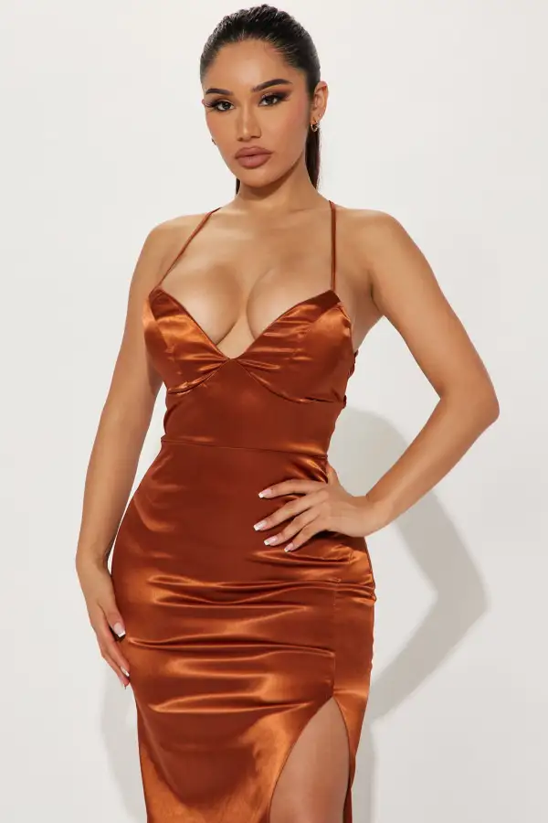 Stella Satin Midi Dress - Cognac