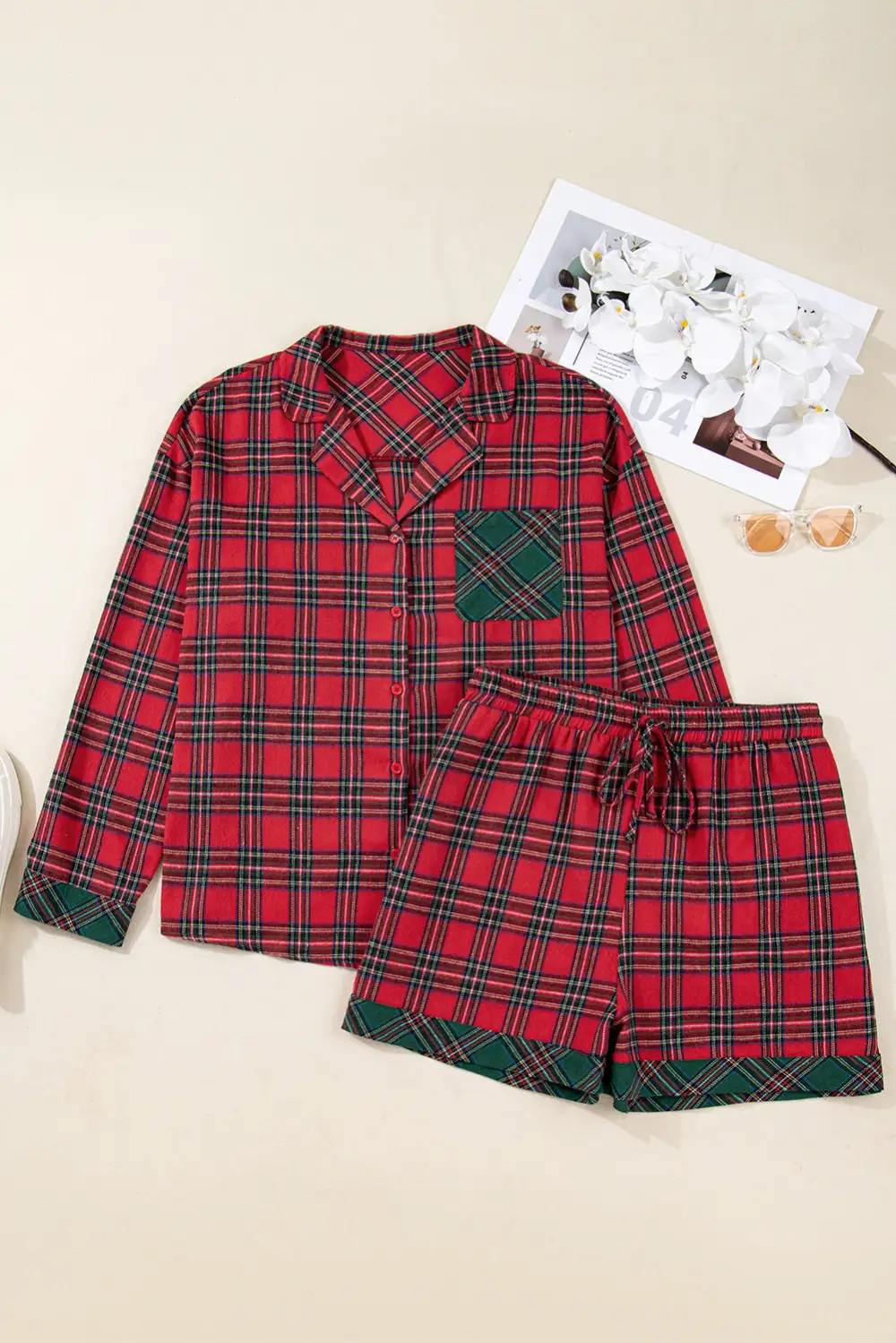 Plaid Print Mixed Print Short Pajama Set