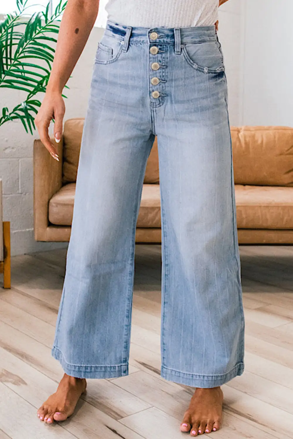 Multi Buttons Pinstripe Wide Leg Jeans