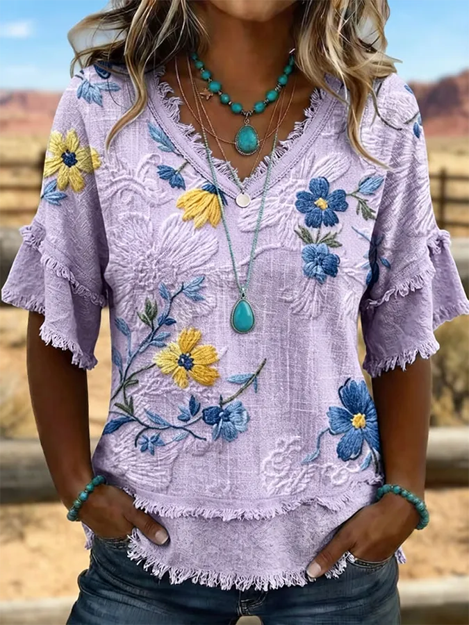 Women'S Vintage Art Patchwork Cotton And Linen Shirt