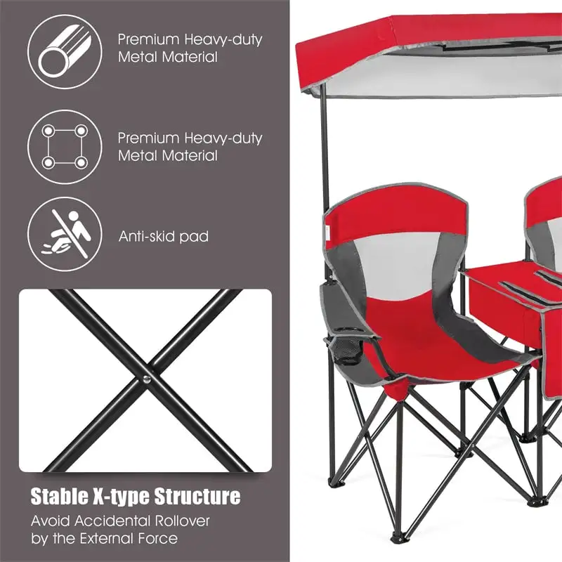 Folding Double Camping Chairs with Shade Canopy Portable Beach Chairs with Cup Holder