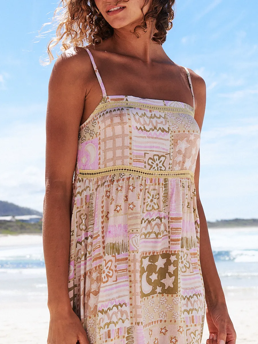 Floral print dress with halter geometric pattern