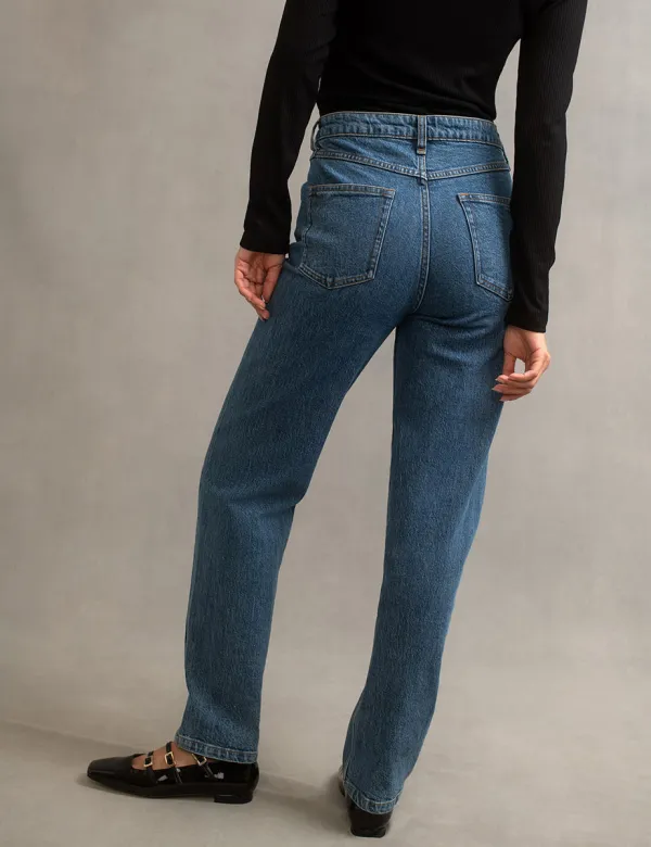 Mid Wash Blue High Rise Straight Leg Denim Jeans