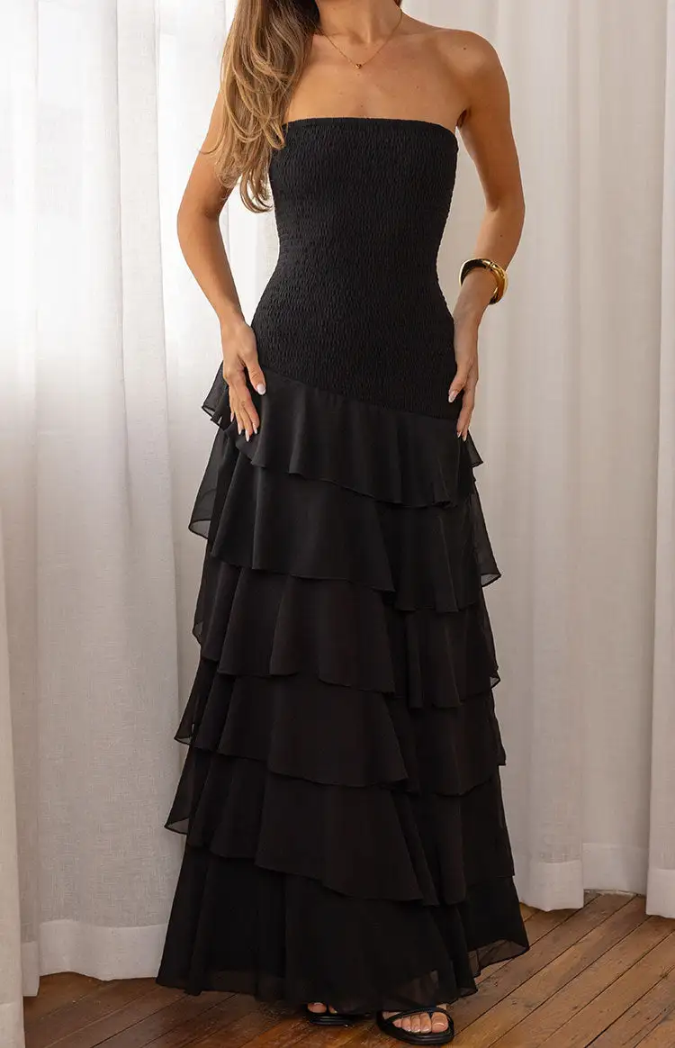 Strapless Ruffle Frills Flowy Maxi Dress