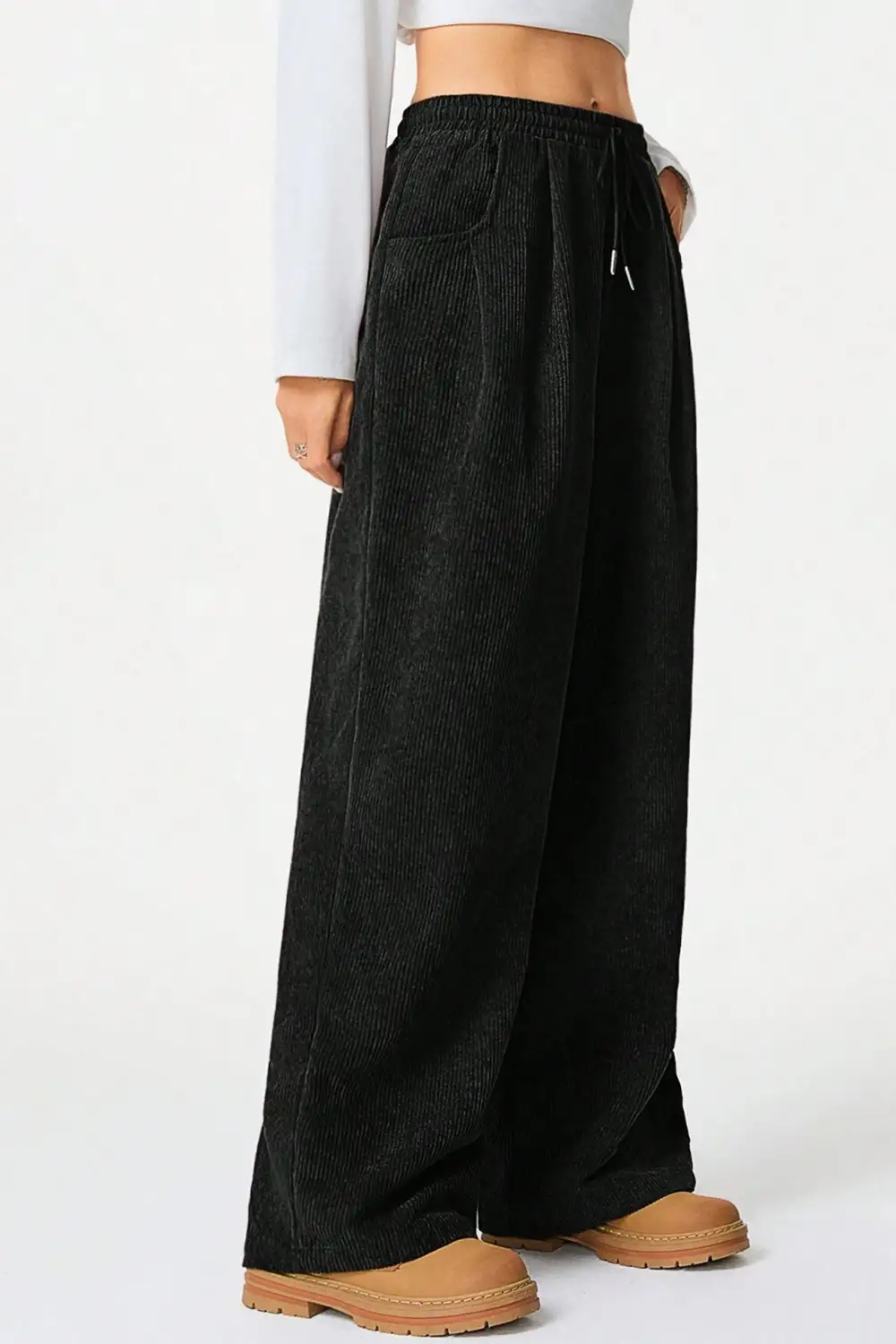 Drawstring Flannel Wide Leg Pants