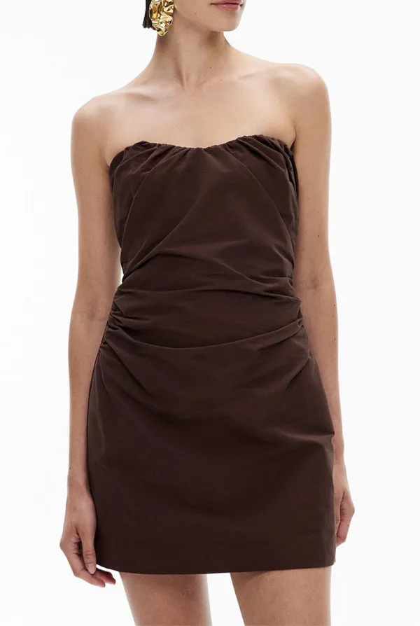 Chocolate-Colored Off-The-Shoulder Pleated Skirt