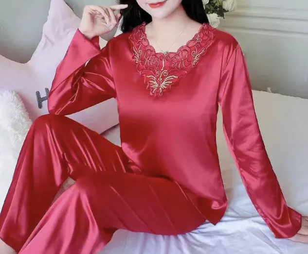 Plain Lace Long Sleeve Top With Pants Casual Pajama Set