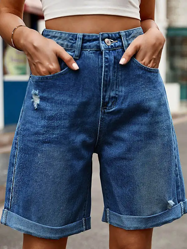 Hoog Getailleerde Losse Zakken Met Knopen Jeansbroeken Shorts