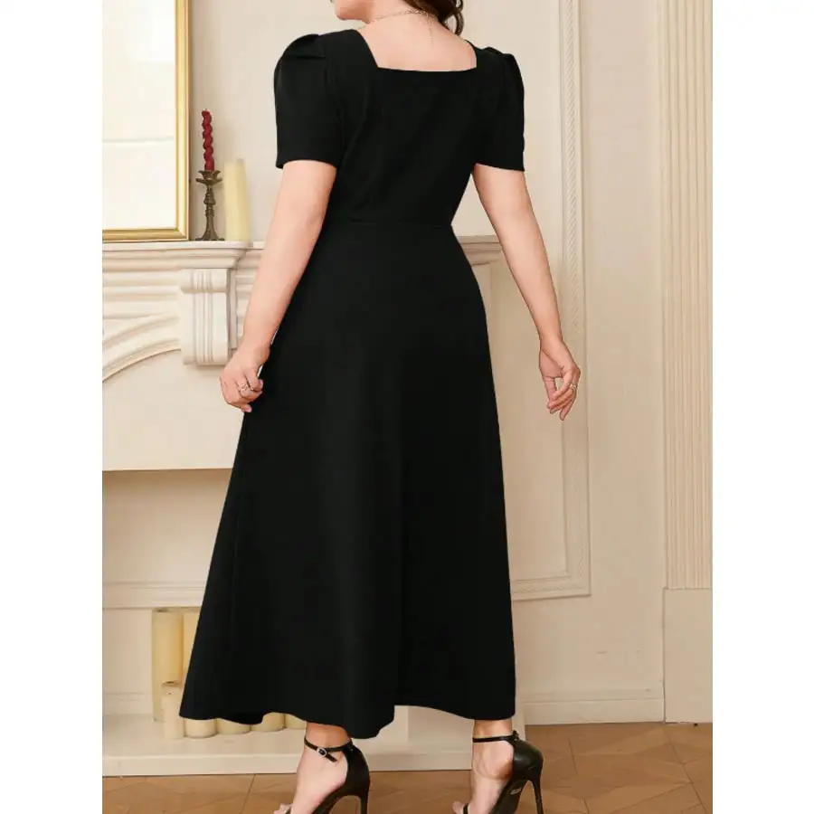 Plus Size Square Neck Puff Sleeve Midi Dress